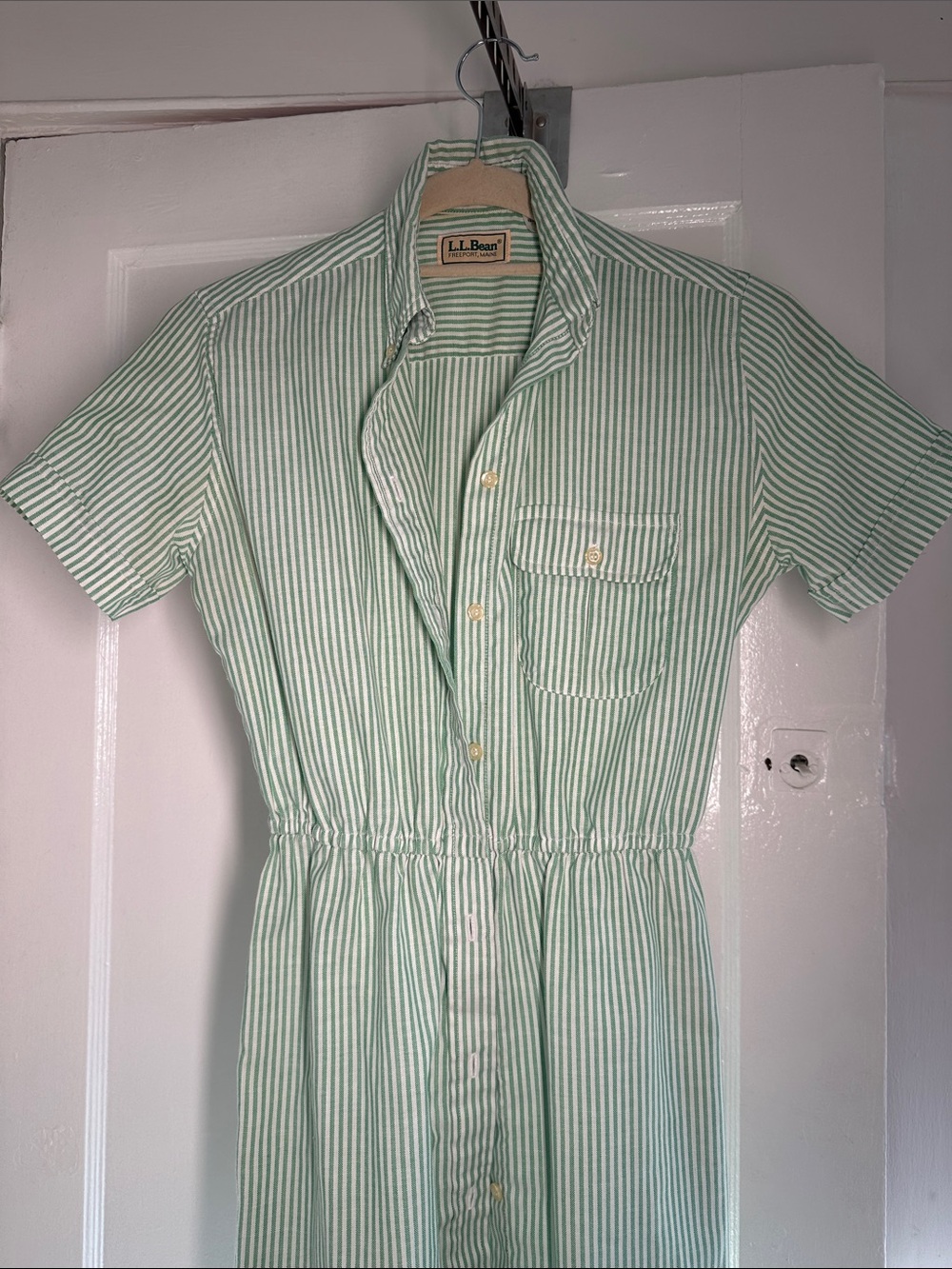 L.L. Bean Light Green and White Striped Button-Front Dress